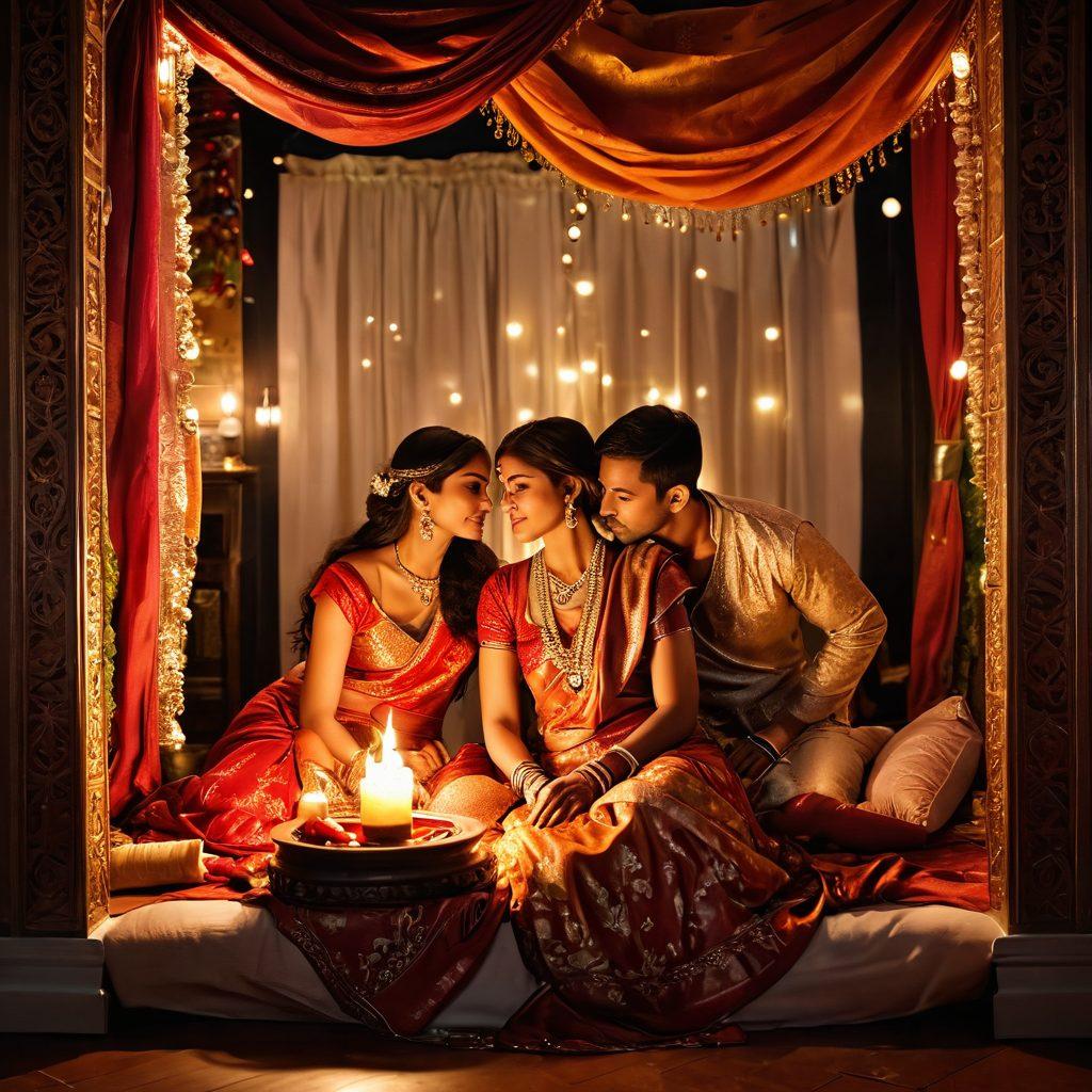 A captivating fusion of traditional Indian motifs and modern intimacy, showcasing a couple in a tender embrace surrounded by elements of Indian culture such as ornate textiles, colorful spices, and romantic candlelight. The background features soft drapes and delicate decorations, evoking a sense of warmth and connection. super-realistic. vibrant colors. warm lighting.