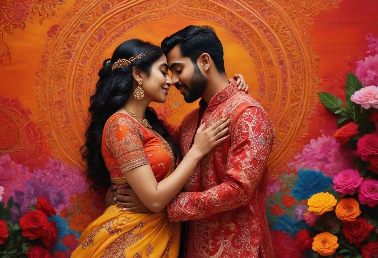 A captivating collage showcasing diverse couples of South Asian descent sharing intimate moments in vibrant settings, intertwined with traditional elements like henna and colorful textiles. Include symbols of love such as hearts and flowers highlighting sex positivity. The background should feature serene landscapes reflecting cultural heritage. super-realistic. vibrant colors. 3D.