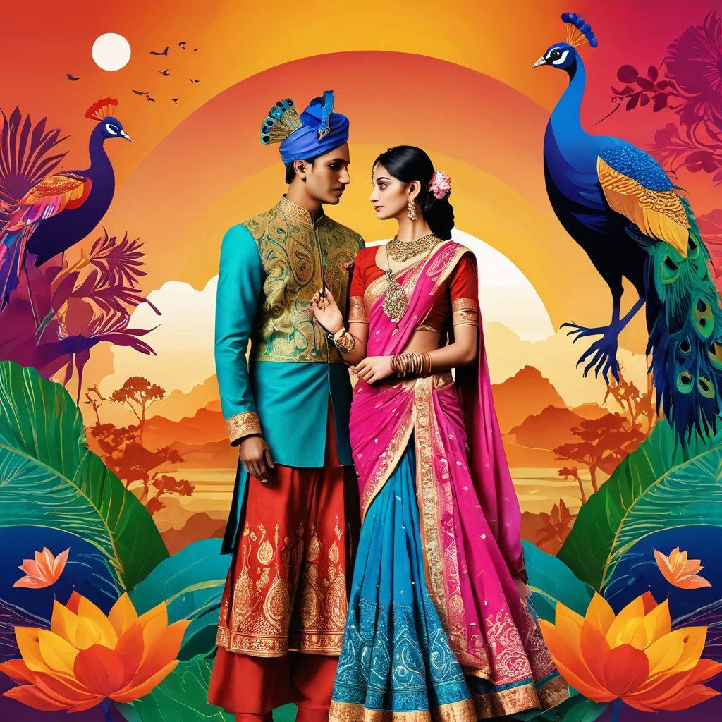 A vibrant collage illustrating Indian cultural symbols like the lotus and peacock, interwoven with modern relationship themes like hand-holding and diverse couple silhouettes. Include elements of traditional attire blended with contemporary fashion, set against a backdrop of colorful landscapes representing freedom and unity. The image should evoke a feeling of harmony between tradition and modernity. colorful digital art. dynamic composition.